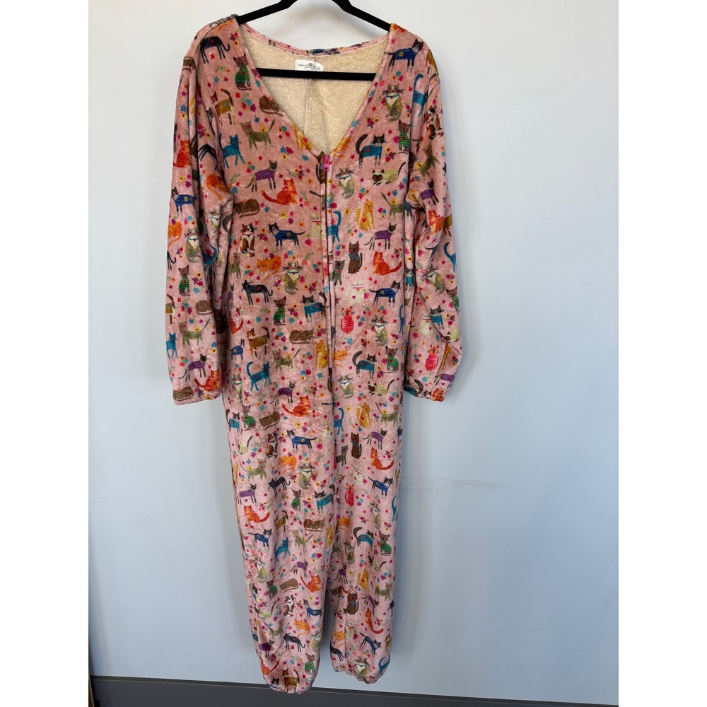 Natural Life Pink Cat Print Plush One Piece Pajamas XL Sherpa Lined Loungewear